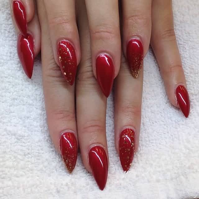 Red Nails With Gold Glitter
 40 Most Stylish Red Stiletto Nail Art Ideas