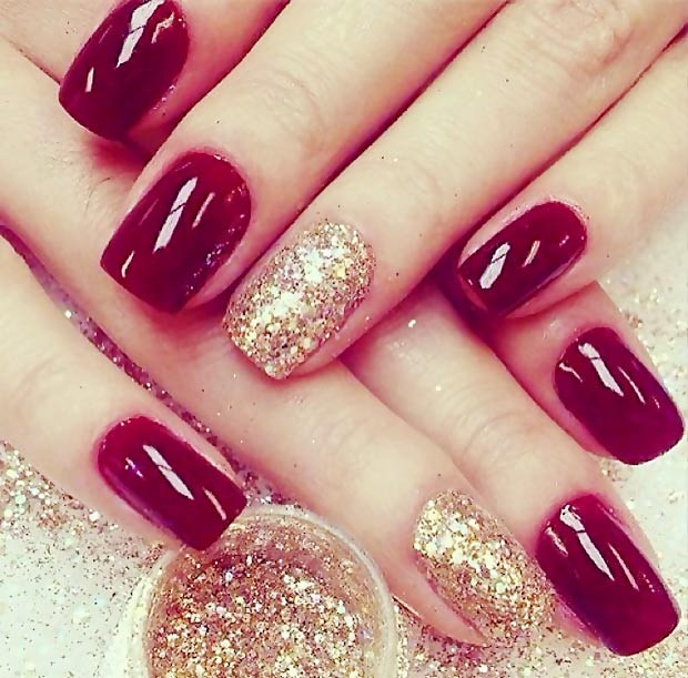 Red Nails With Gold Glitter
 Ritzy Nail