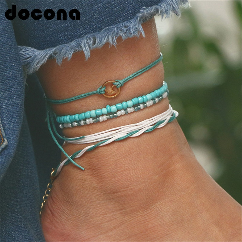 Rope Anklet
 docona Beach Blue Green Rope Wave Pendant Anklets for