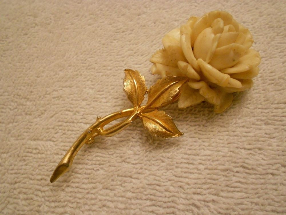 Rose Brooches
 Vintage Accessocraft NYC Cream Ivory Carved Celluloid Rose