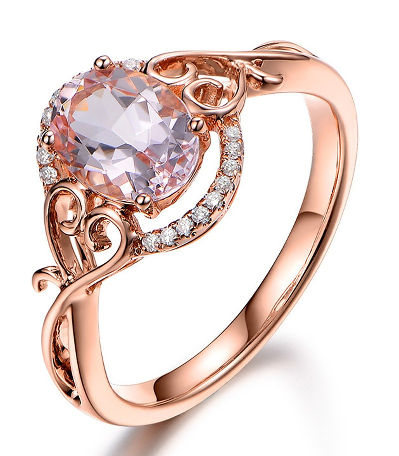 Rose Gold Diamond Engagement Ring
 Vintage 1 Carat Morganite and Diamond Engagement Ring in