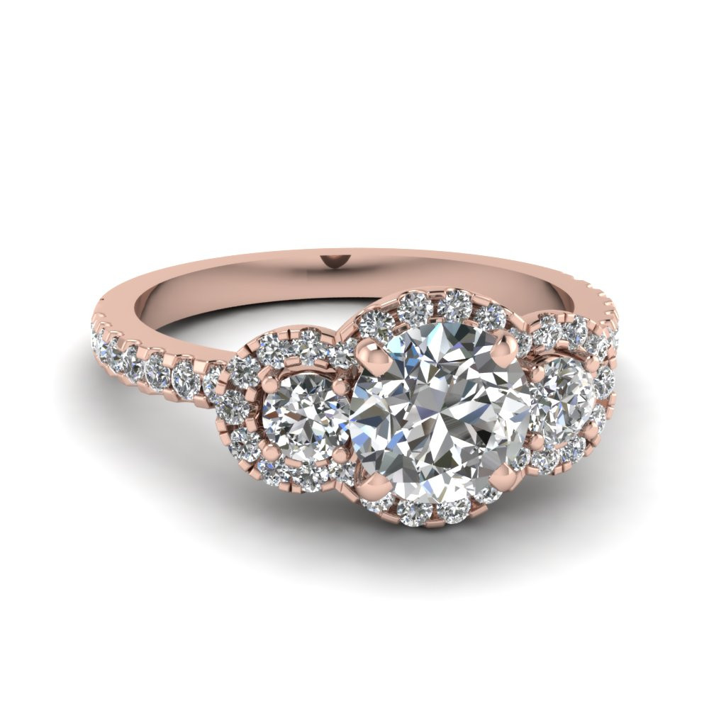 Rose Gold Halo Diamond Engagement Rings
 Delicate 3 Stone Halo Diamond Engagement Ring In 14K Rose