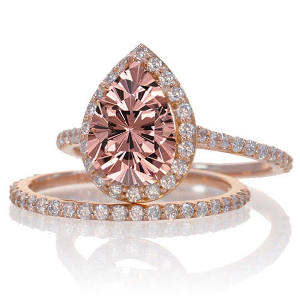 Rose Gold Wedding Ring Sets
 2 Carat Morganite and Diamond Halo Bridal Ring Set on 10k