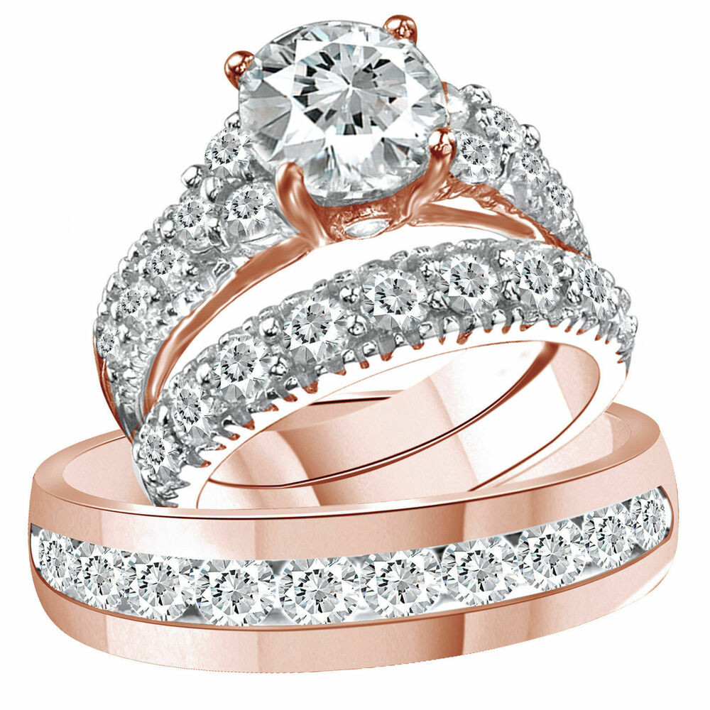 Rose Gold Wedding Ring Sets Luxury 14k Solid Rose Gold D Vvs1 Diamond Trio Bridal Wedding Of Rose Gold Wedding Ring Sets 