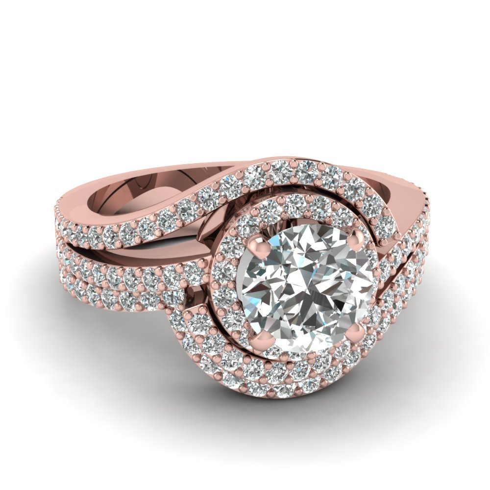Rose Gold Wedding Ring Sets
 Swirl Round Diamond Halo Wedding Ring Set In 18K Rose Gold
