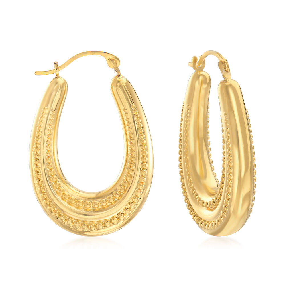 Ross Simons Earrings
 14kt Yellow Gold Beaded Oval Hoop Earrings 1"
