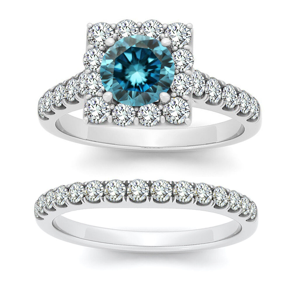 Round Wedding Rings
 2 Carat Blue Round Diamond Halo Fancy Engagement Wedding