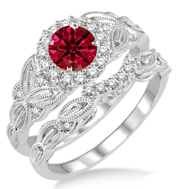 Ruby Diamond Engagement Ring
 1 25 Carat Ruby & Diamond Vintage floral Bridal Set