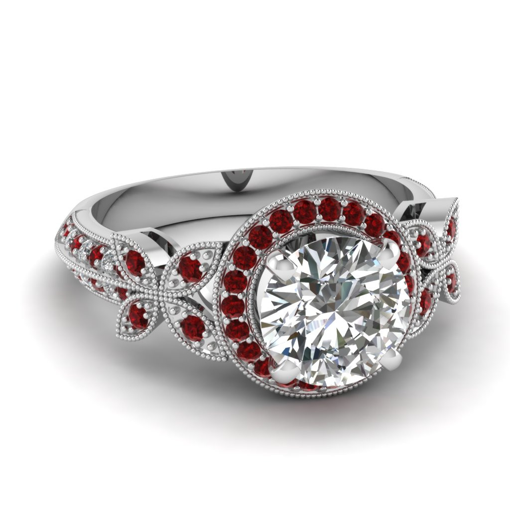Ruby Diamond Engagement Ring
 White Gold Round White Diamond Engagement Wedding Ring Red