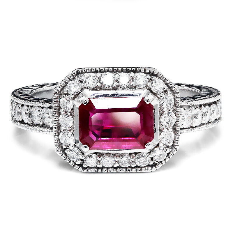 Ruby Diamond Engagement Ring
 Sideways Set Ruby & Diamond Halo Style Engagement Ring 14K