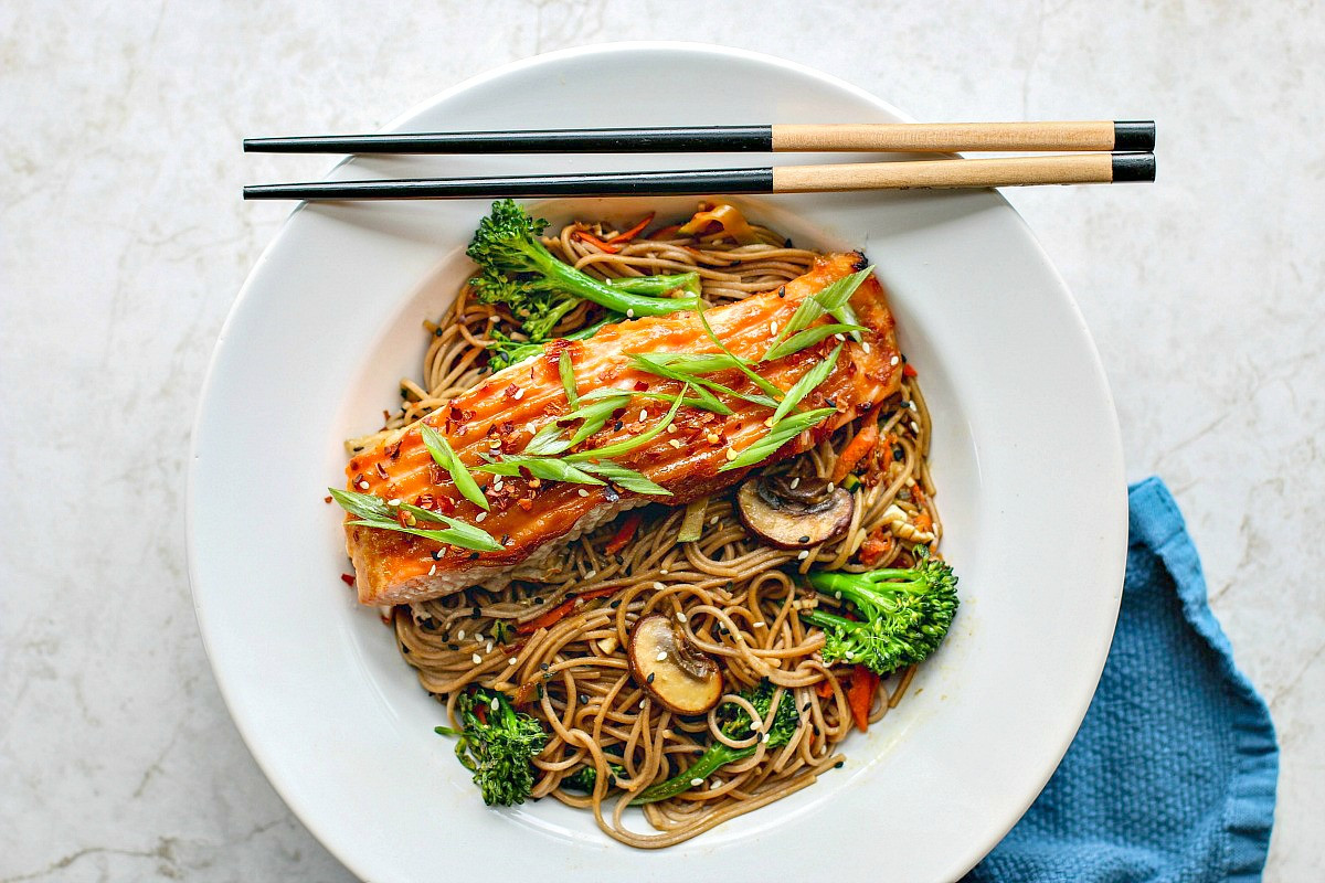Salmon And Noodles
 Miso Glazed Salmon With Sesame Soba Noodles