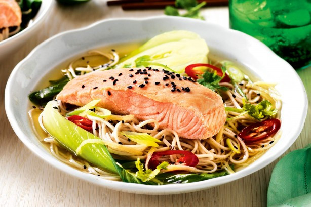 Salmon And Noodles
 Ginger coriander Broth With Salmon And Soba Noodles Recipe