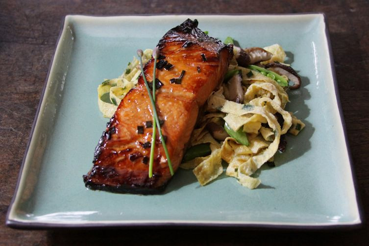 Salmon And Noodles
 Sake Glazed Salmon with Garlic Chive Egg Noodles Recipe on