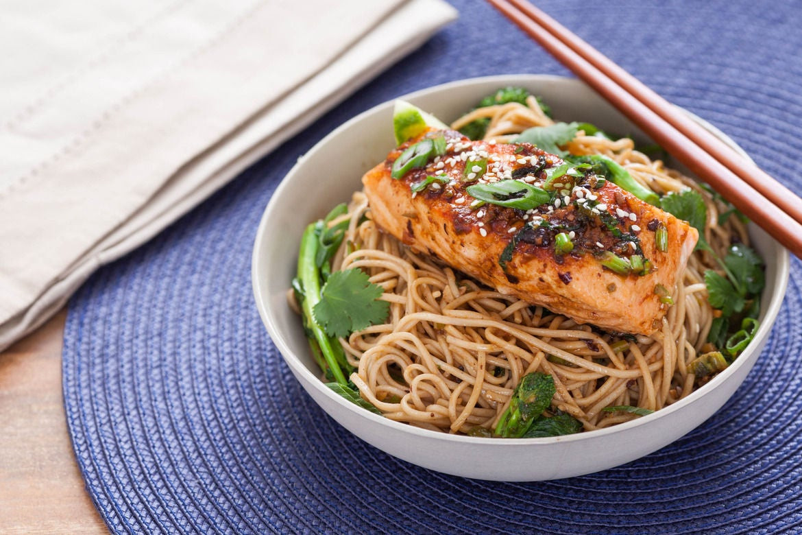 Salmon And Noodles
 Recipe Ginger Soy Glazed Salmon with Broccoli Rabe & Soba
