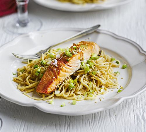Salmon And Noodles
 Salmon with sesame soy & ginger noodles recipe