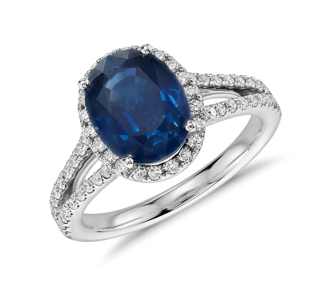 Sapphire Diamond Engagement Rings
 Oval Sapphire and Diamond Halo Split Shank Ring in 18k