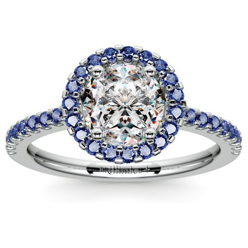 Sapphire Diamond Engagement Rings
 Halo Sapphire Gemstone Engagement Ring with Side Stones in