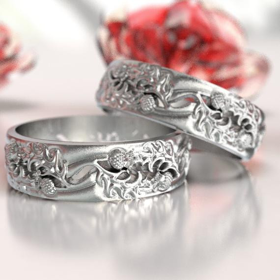 Scottish Wedding Rings
 Thistle Wedding Band Set 925 Sterling Silver Scottish Ring