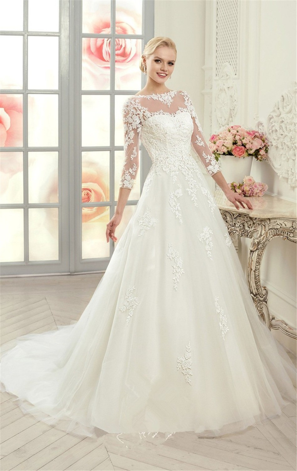See Through Wedding Dresses
 MANSA 2015 Lace A Line Wedding Dress With Sleeves See