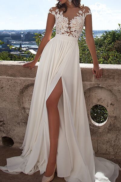 See Through Wedding Dresses
 Ivory Lace Beach Wedding Dresses Front Slit See Through