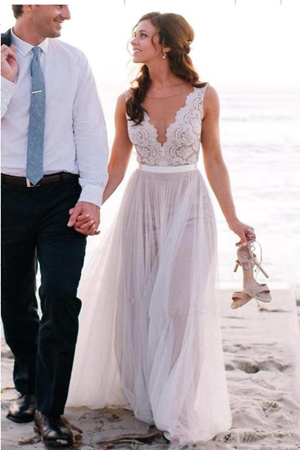 See Through Wedding Dresses
 New Arrival Lace See Through Elegant Beach Wedding Dress