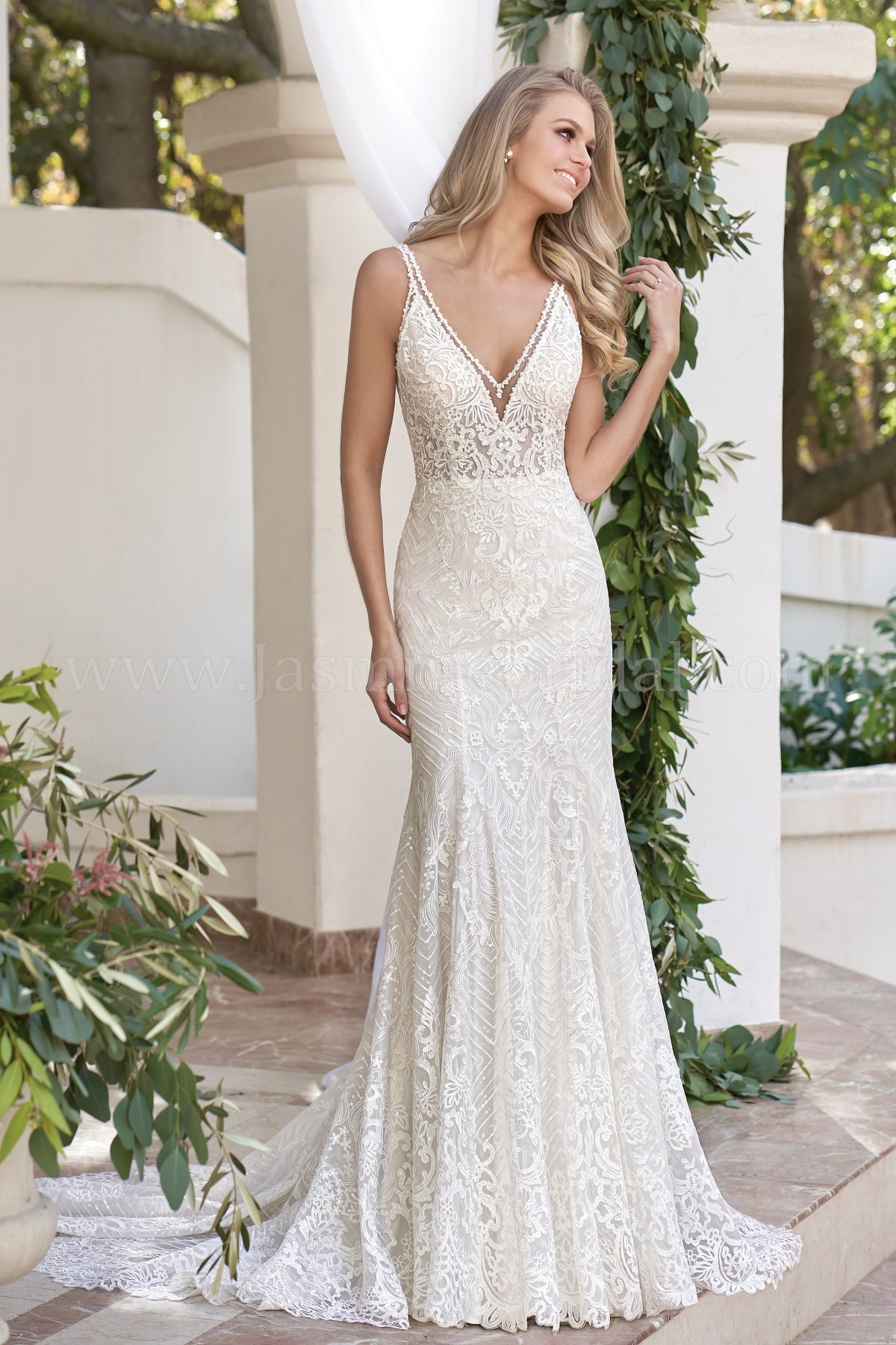 Sequin Wedding Gown
 T Illusion Bodice V neck Embroidered Lace & Sequin
