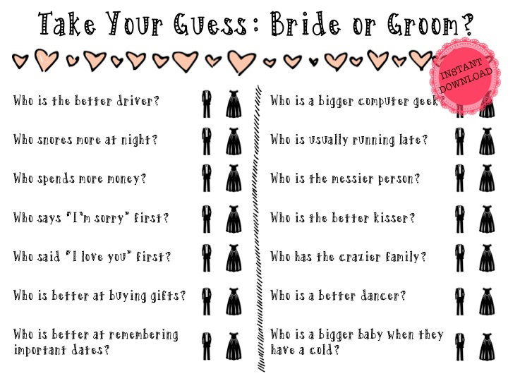 Shoe Game Wedding Questions
 PRINTABLE INSTANT DOWNLOAD Shoe Game Bride or Groom Games