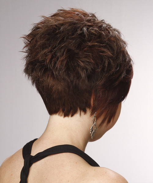 Short Hairstyles Back View
 Layered Chocolate Brunette Pixie Cut with Side Swept Bangs