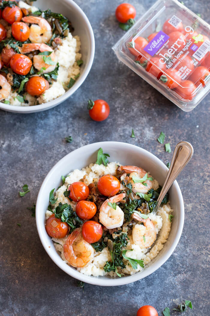 Shrimp And Cauliflower Grits
 Shrimp and Cherry Tomatoes over Cheesy Cauliflower Grits