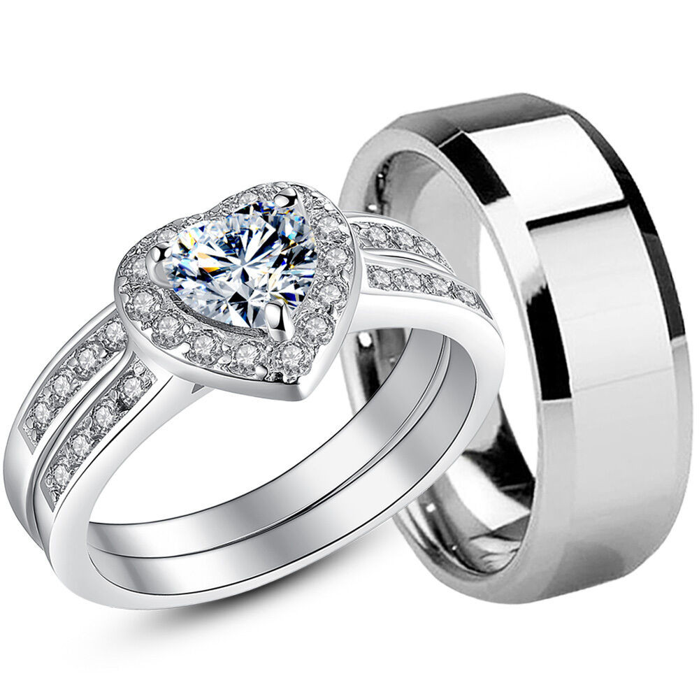 Silver Wedding Rings
 Couple Rings Sterling Silver Womens Wedding Rings Set Mens