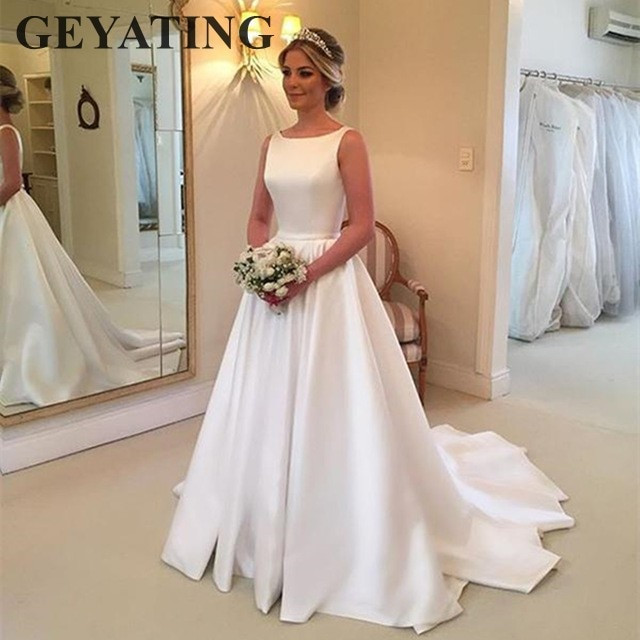 Simple Cheap Wedding Dresses
 Simple White Satin Wedding Dress 2019 Elegant A Line Sweep