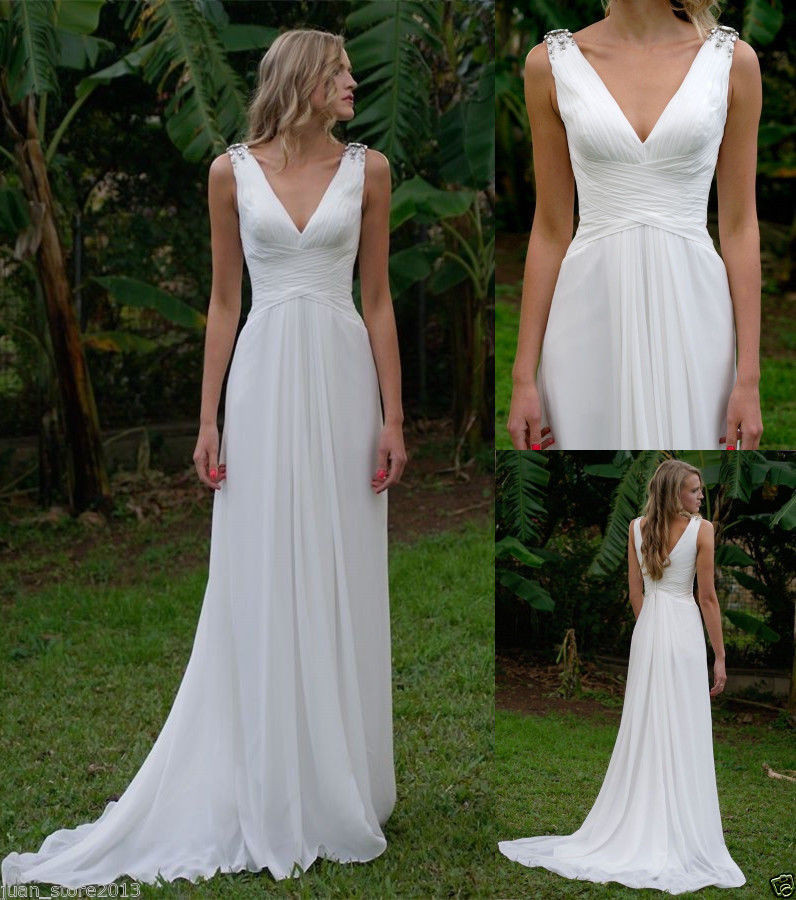 Simple Cheap Wedding Dresses
 Cheap Simple White V neck Wedding dresses Beach Chiffon