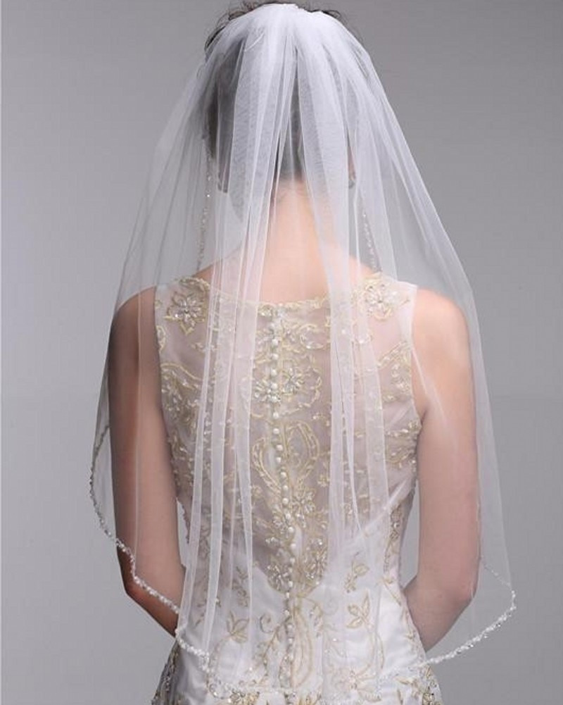 Simple Veils For Wedding
 Tulle Edge Beaded Wedding Veils With b e Layer White