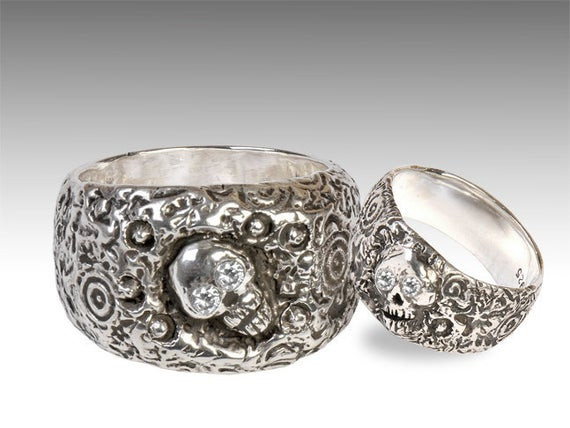 Skull Wedding Ring Sets
 Silver Skull Wedding Ring Set with Diamonds by Johnny10Rings