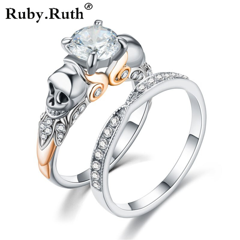 Skull Wedding Ring Sets
 Vintage Skull Ring set Black Zircon crystal Women s