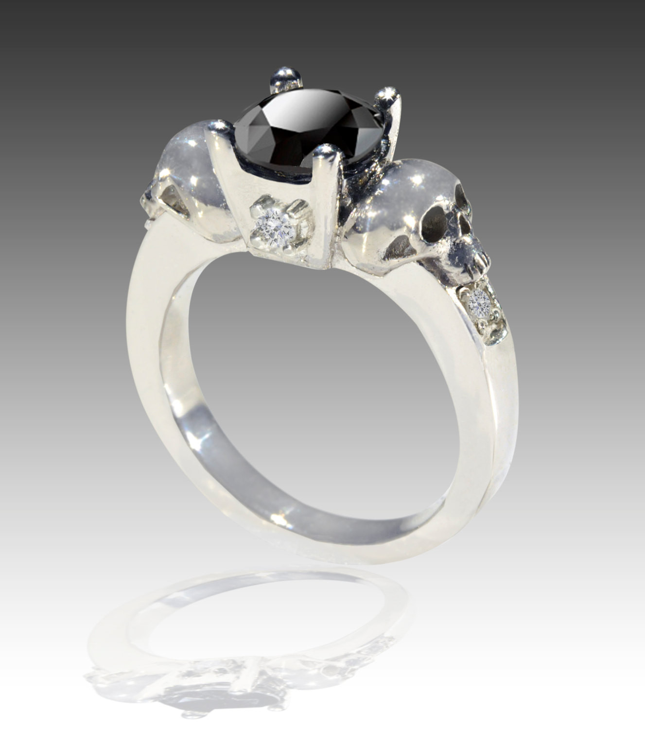 Skull Wedding Rings
 14K White GOLD Black and White Diamond Skull Engagement Ring
