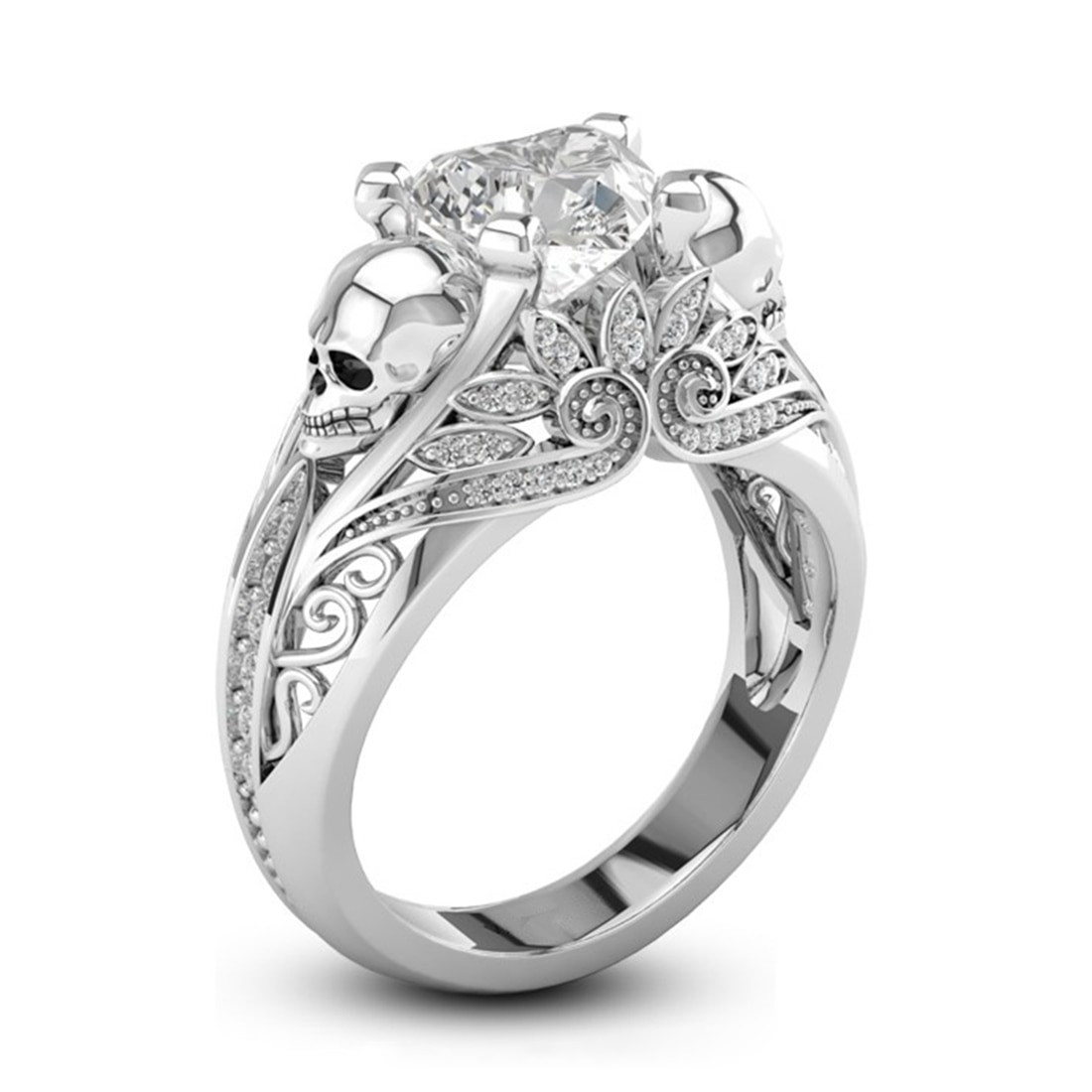 Skull Wedding Rings
 Heart Shape CZ Stone Silver Punk Skull Promise Ring for