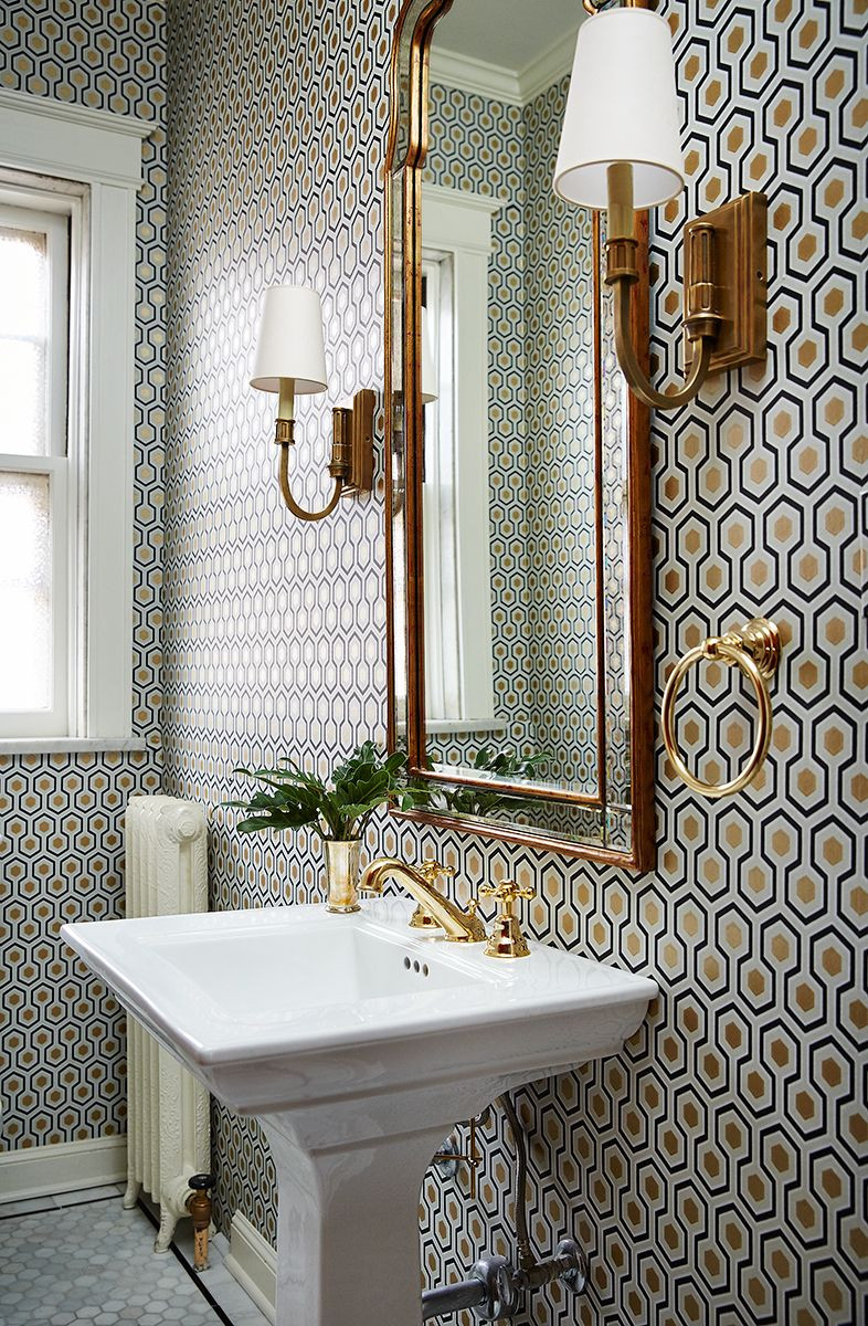 Small Bathroom Sconces
 small bathroom with a lot of pattern on wall wallpaper