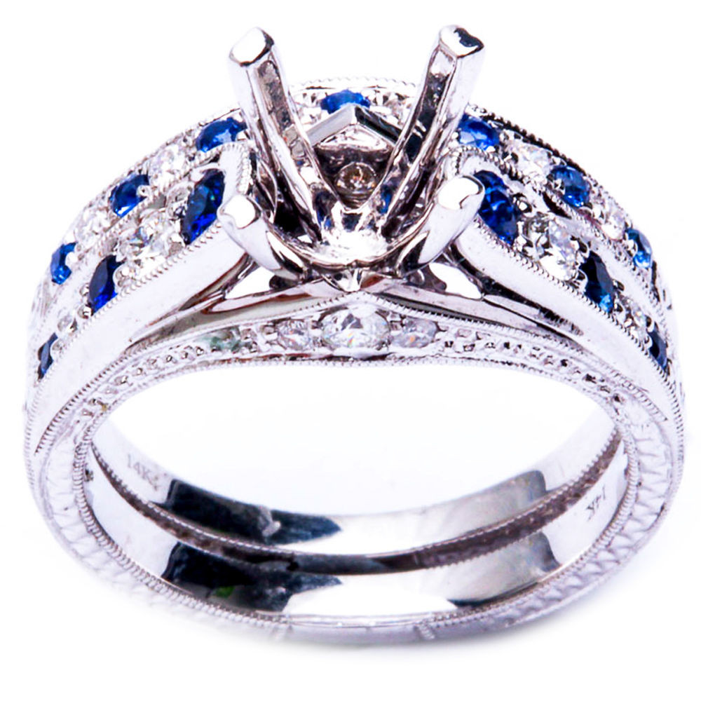Solitaire Wedding Ring Sets
 72ct Blue Sapphire & Round Diamond Semi Mount Engagement