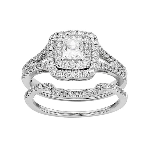 Square Wedding Rings
 IGL Certified Diamond Square Halo Engagement Ring Set in