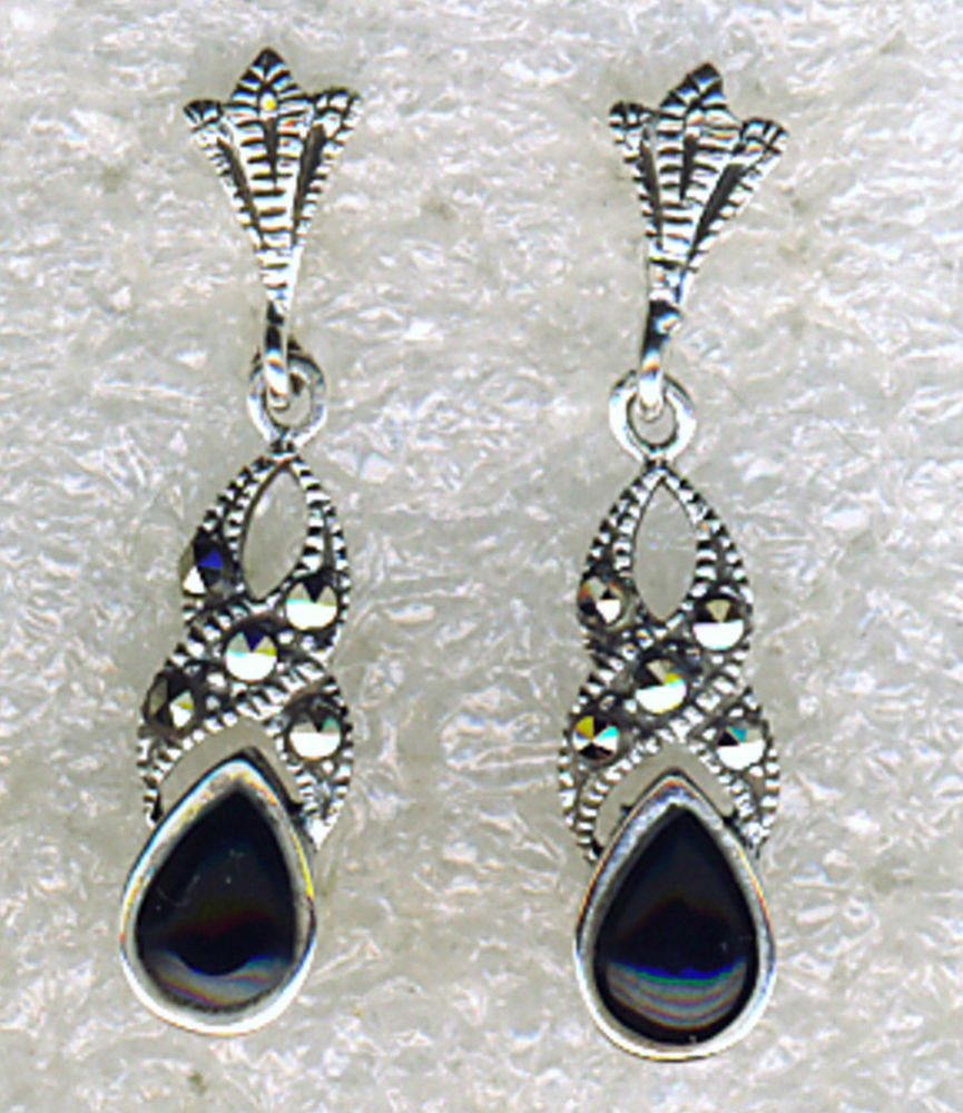 Sterling Silver Dangle Earrings
 925 Sterling Silver Black yx & Marcasite Drop Dangle