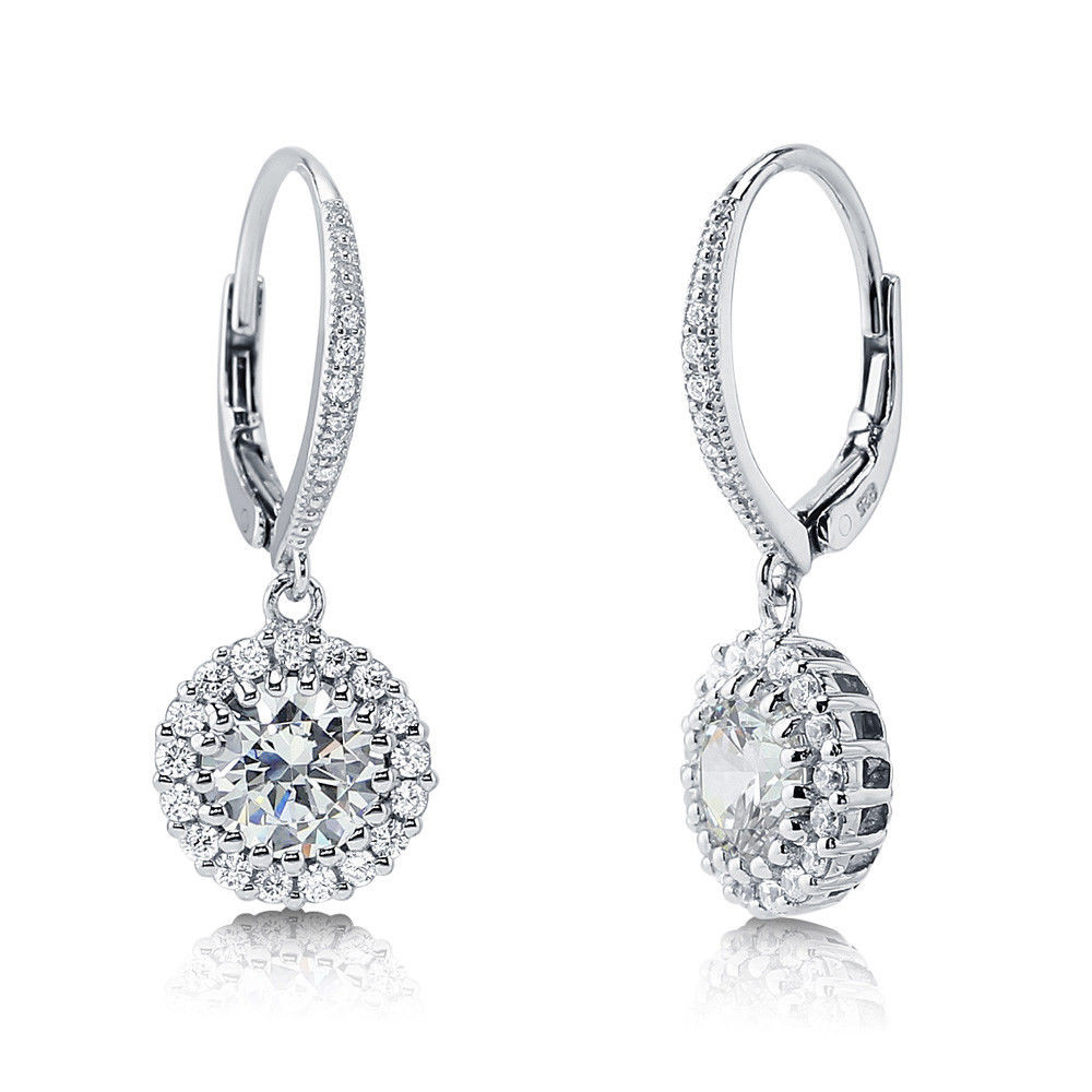 Sterling Silver Dangle Earrings
 BERRICLE Sterling Silver Round Cut CZ Halo Leverback