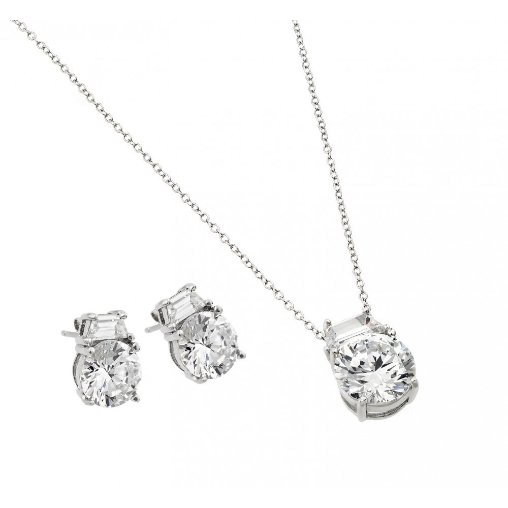 Sterling Silver Stud Earrings Set
 Sterling Silver Round CZ Stud Earring and Necklace Set