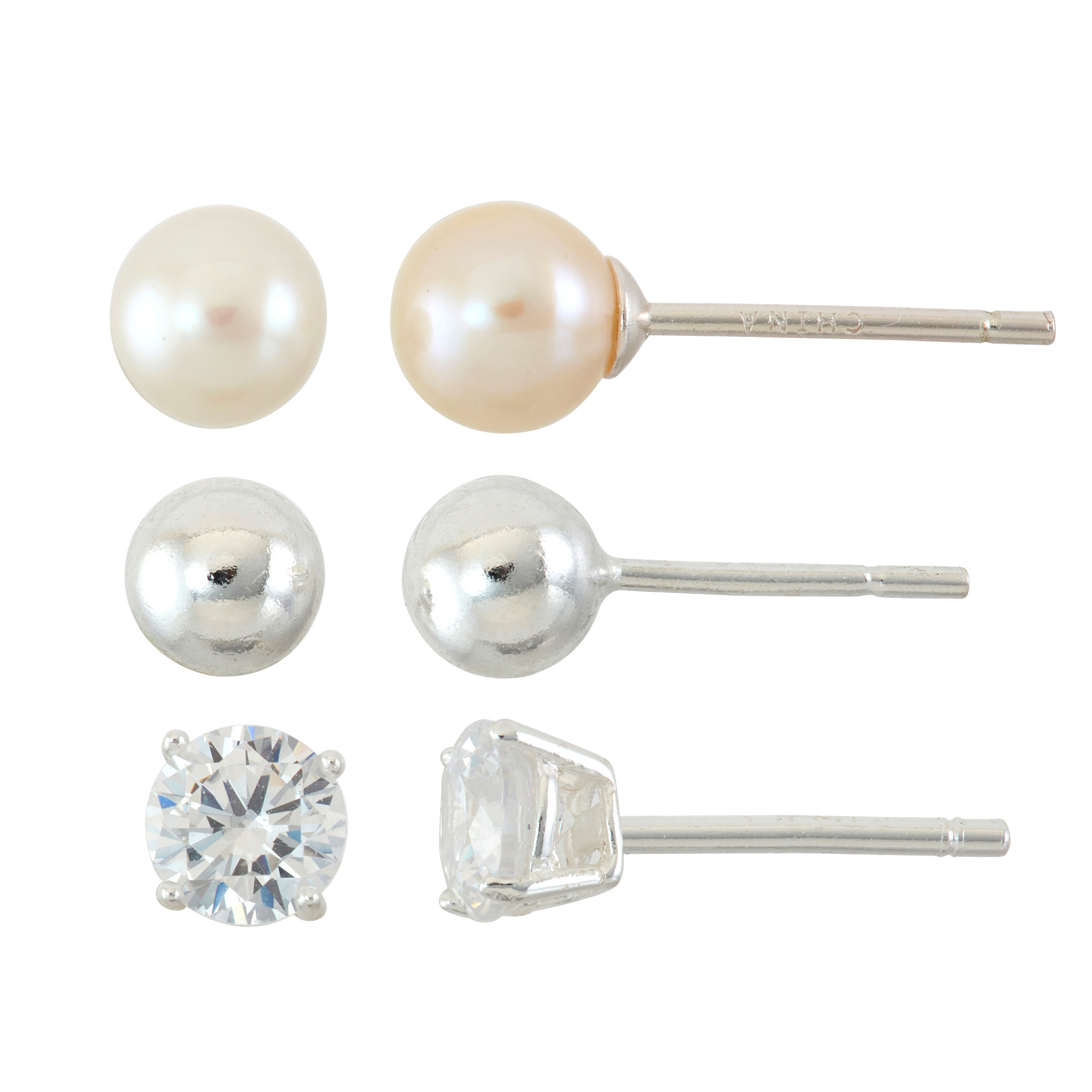 Sterling Silver Stud Earrings Set
 Sterling Silver 3 Pair Cubic Zirconia Pearl and Ball Stud