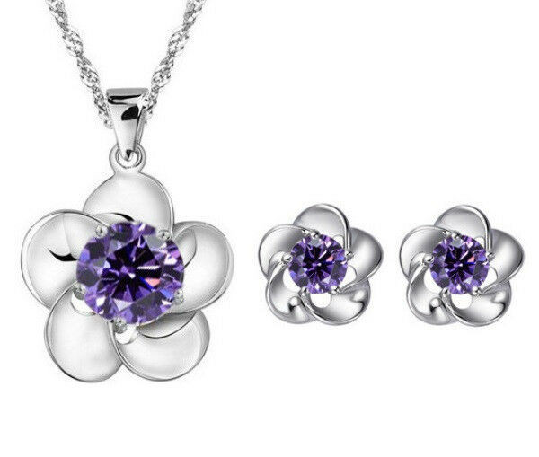 Sterling Silver Stud Earrings Set
 Sterling Silver Pendant Necklace Flower Amethyst Purple CZ