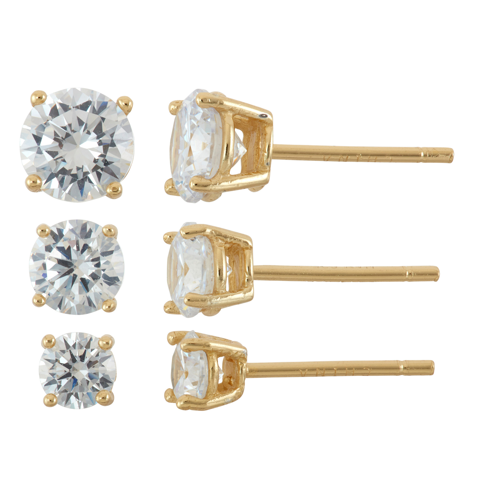 Sterling Silver Stud Earrings Set
 Gold Over Sterling Silver 3 Pair Round Cubic Zirconia Stud