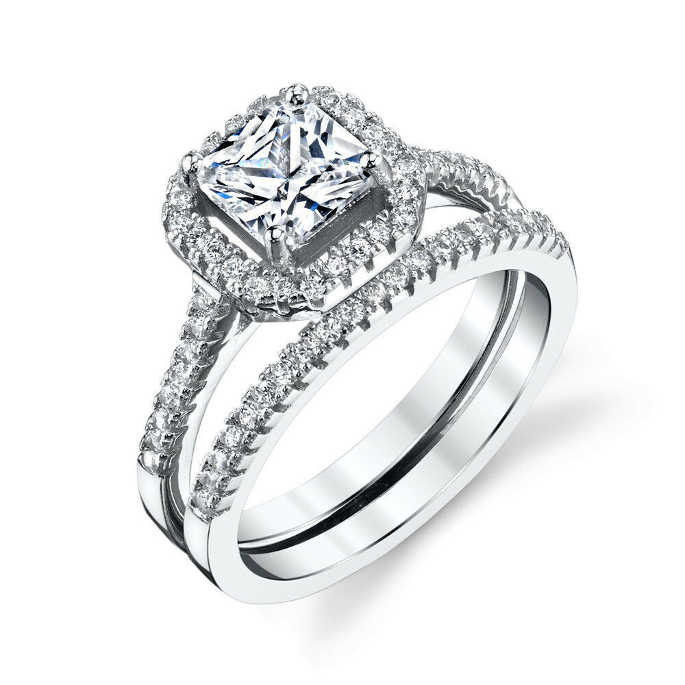 Sterling Silver Wedding Ring Sets
 Sterling Silver Princess Cut CZ Engagement Wedding Ring
