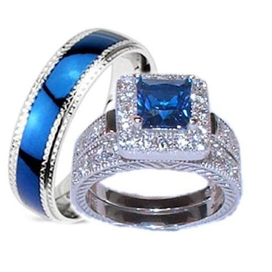 Sterling Silver Wedding Ring Sets
 Buy His Hers 3 Piece Wedding Ring Set Sapphire Blue Cz