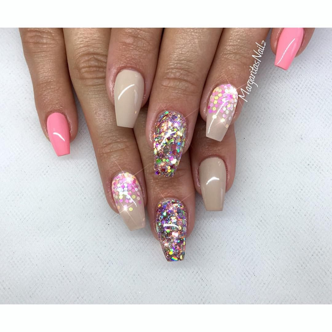 Summer Coffin Nail Designs
 Nude and glitter coffin nails Summer nail design