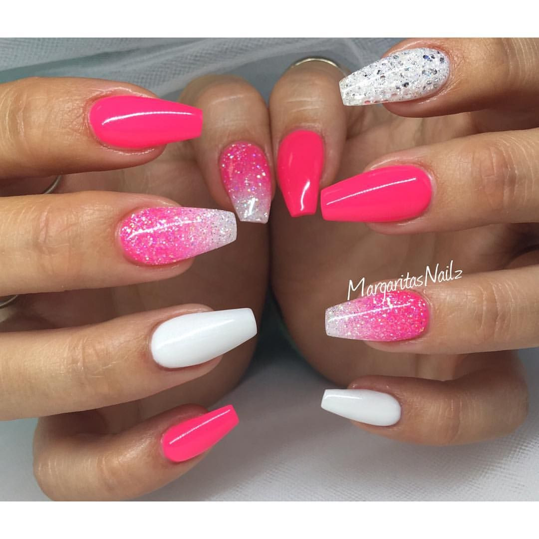 Summer Coffin Nail Designs
 Neon pink and white coffin nails glitter ombré spring